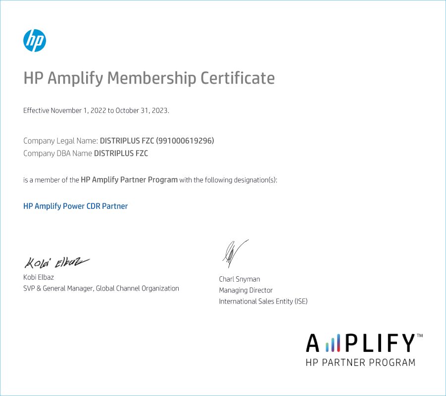 HP Amplify Membership Certificate - DISTRIPLUS FZC